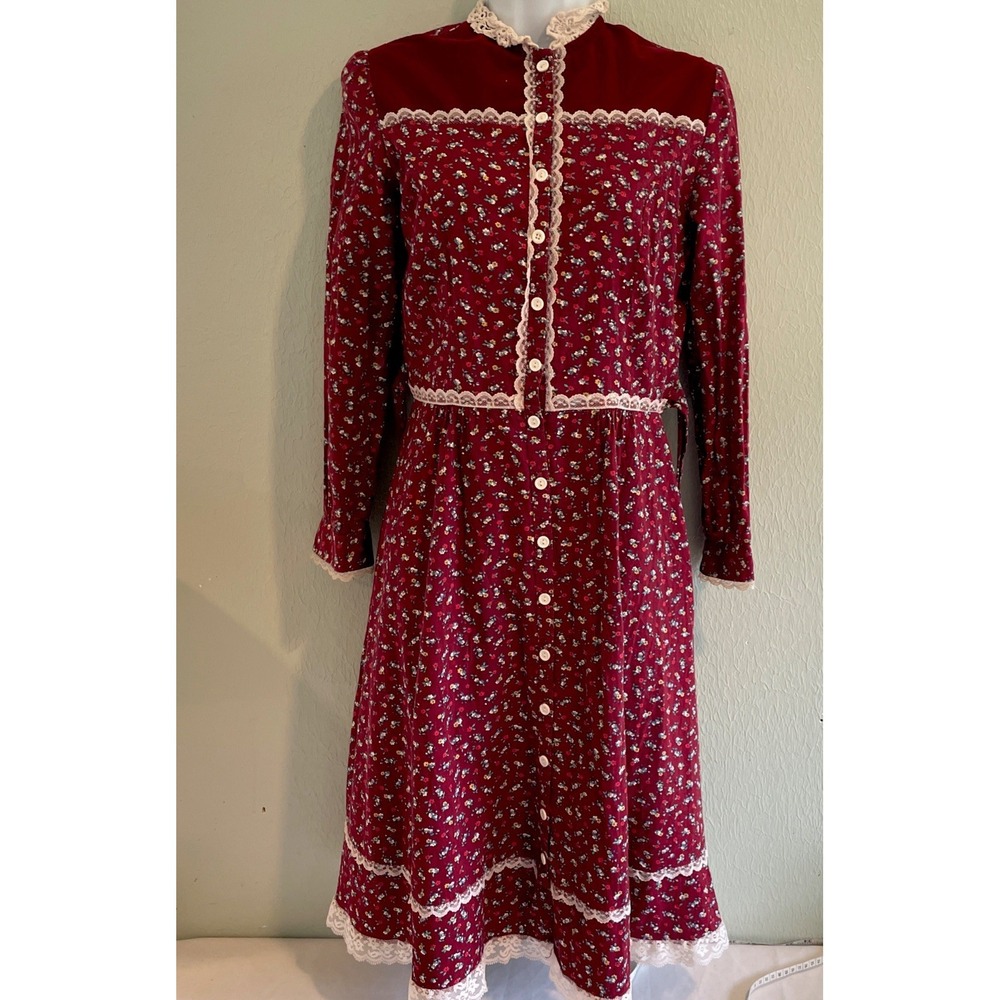 1970s Gunne Sax Prairie Dress Red Calico Floral Long Sleeve Midi Cottage Sz 9/10
